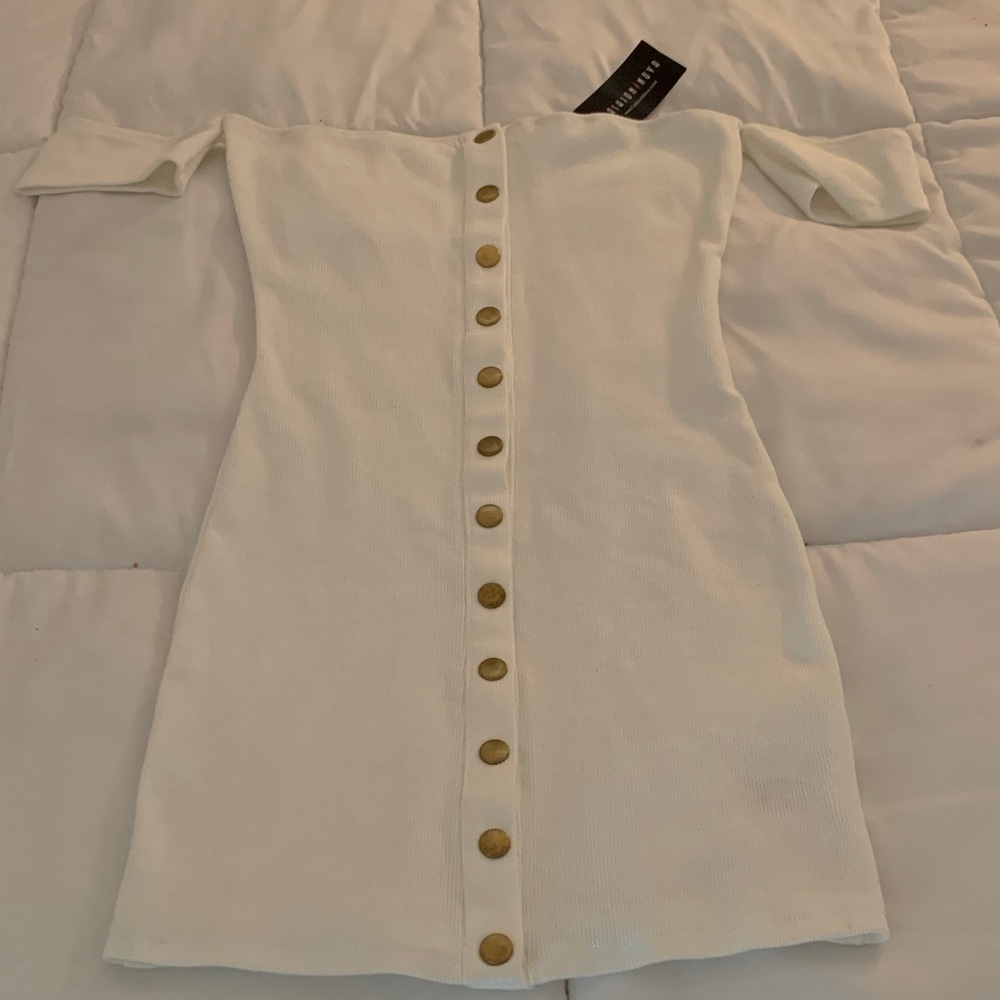 NWT Fashion Nova White Off-Shoulder Dress with Gold Buttons